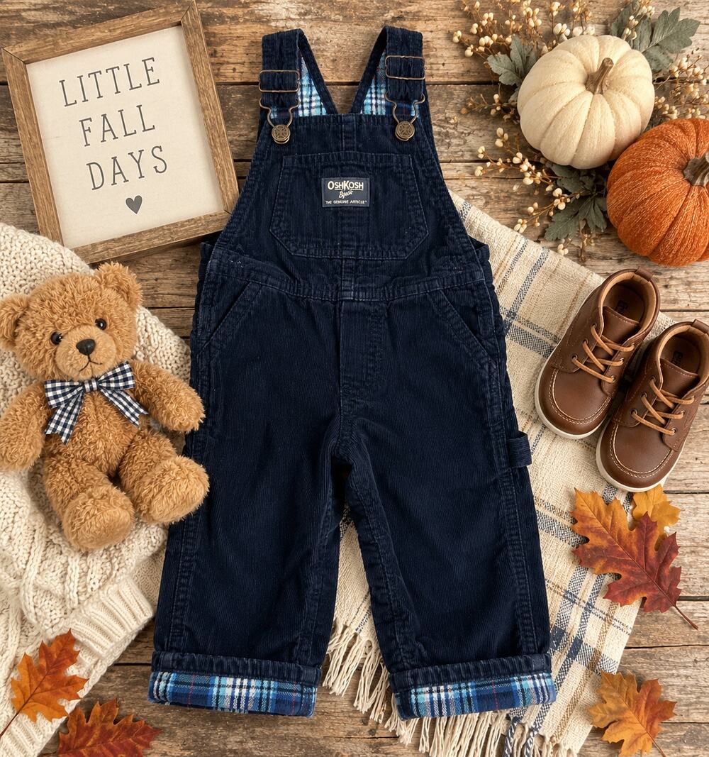 OshKosh B’gosh Baby Corduroy Overalls 12-18M Navy Blue Plaid Fall